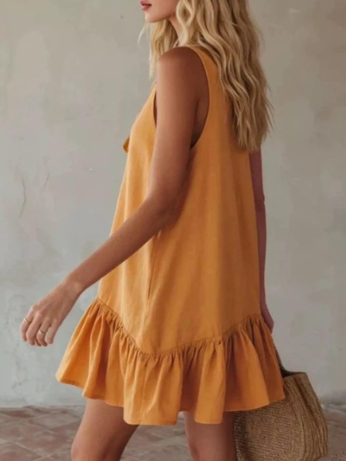 V-Neck Tie Front Ruffle Hem Mini Dress Luckygirlsclothingcompany.com