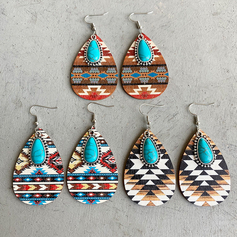 Turquoise Teardrop Shape Wooden Dangle Earrings Trendsi