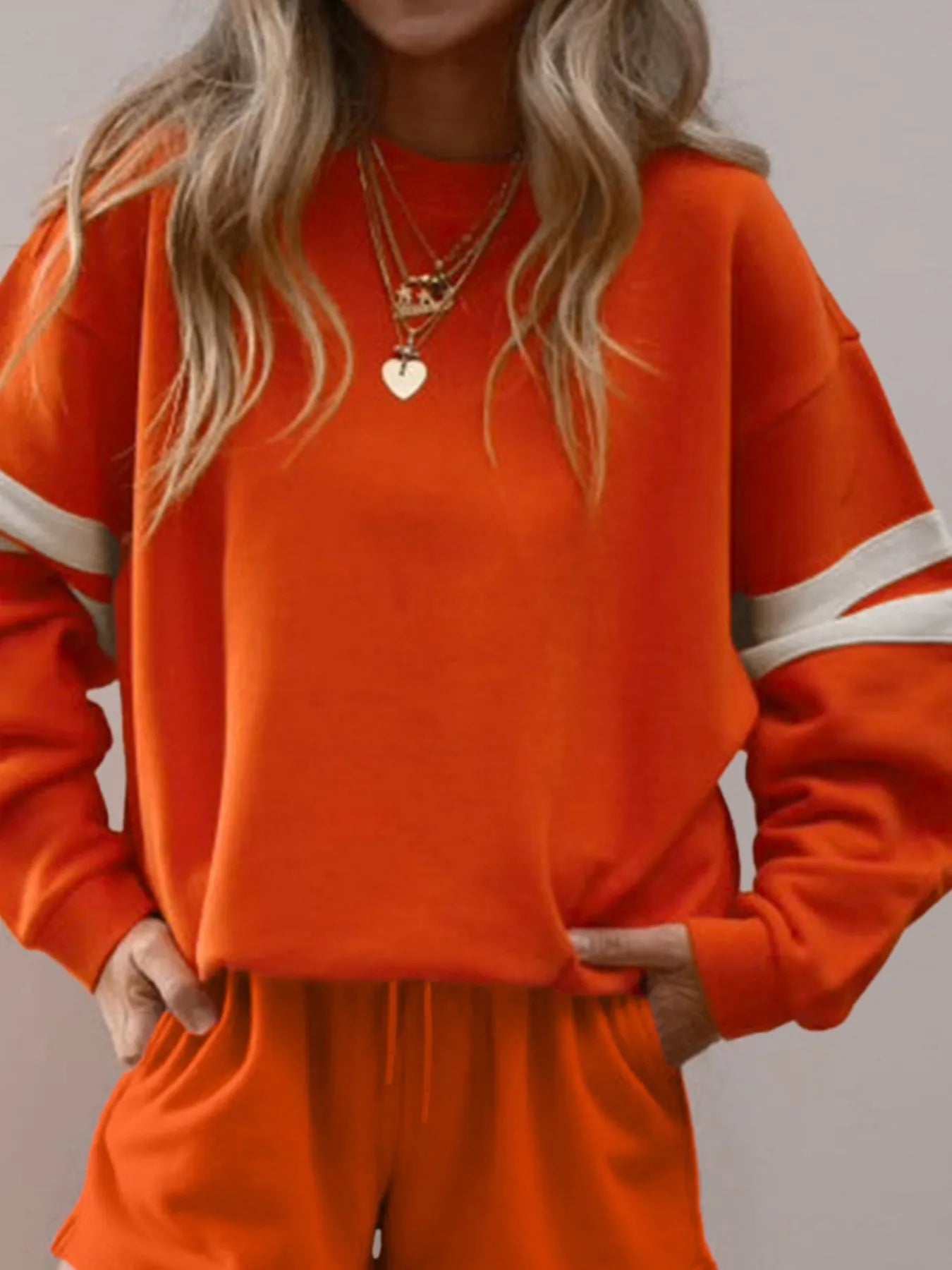 Stripe Round Neck Sweatshirt and Shorts Set Trendsi