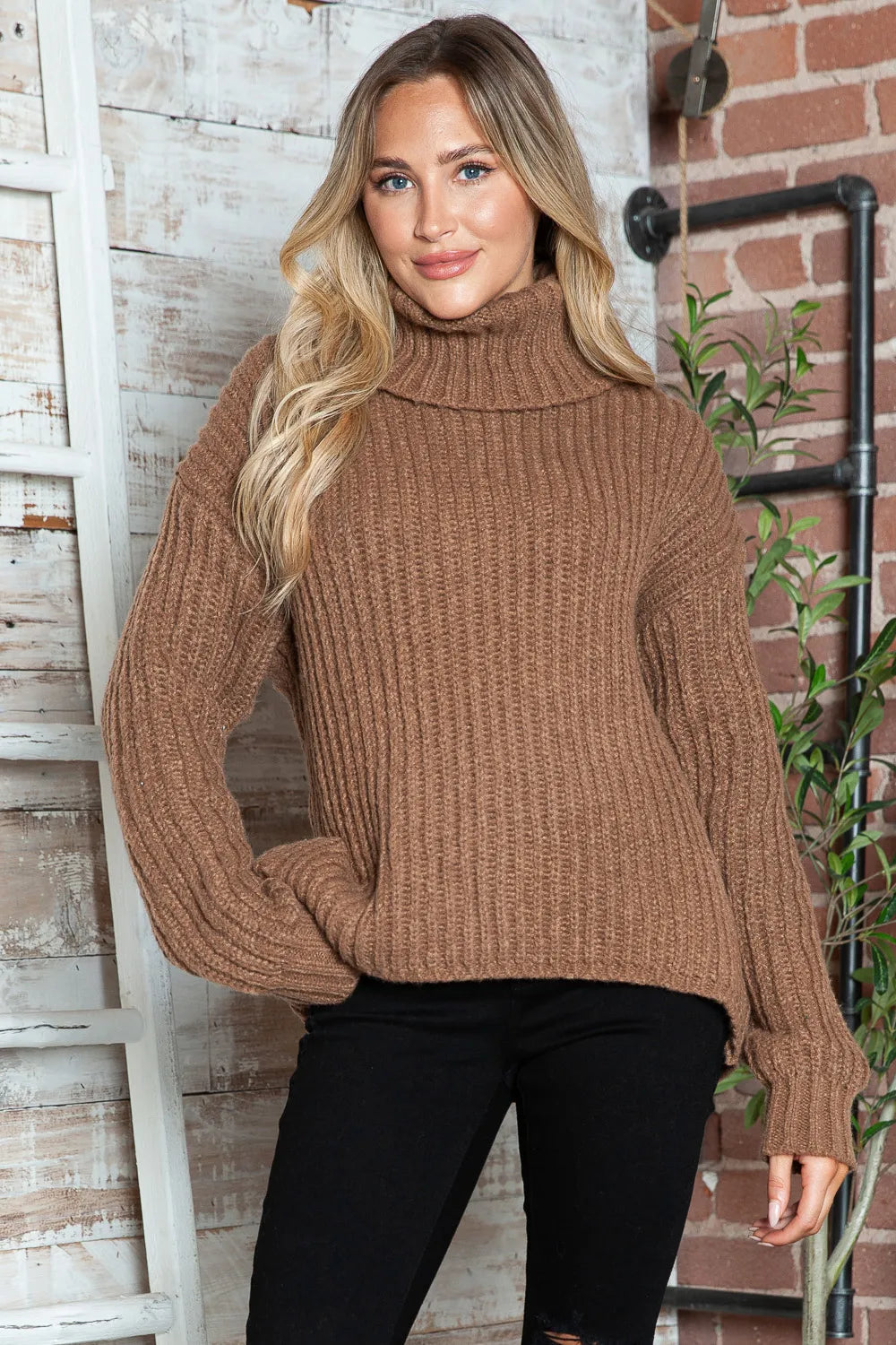 Turtleneck Dropped Shoulder  Pullover Sweater 