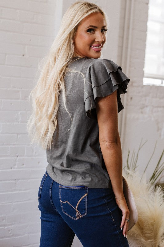 Solid Layered Ruffle Short Sleeve Round Neck Top JUNIPER BLVD