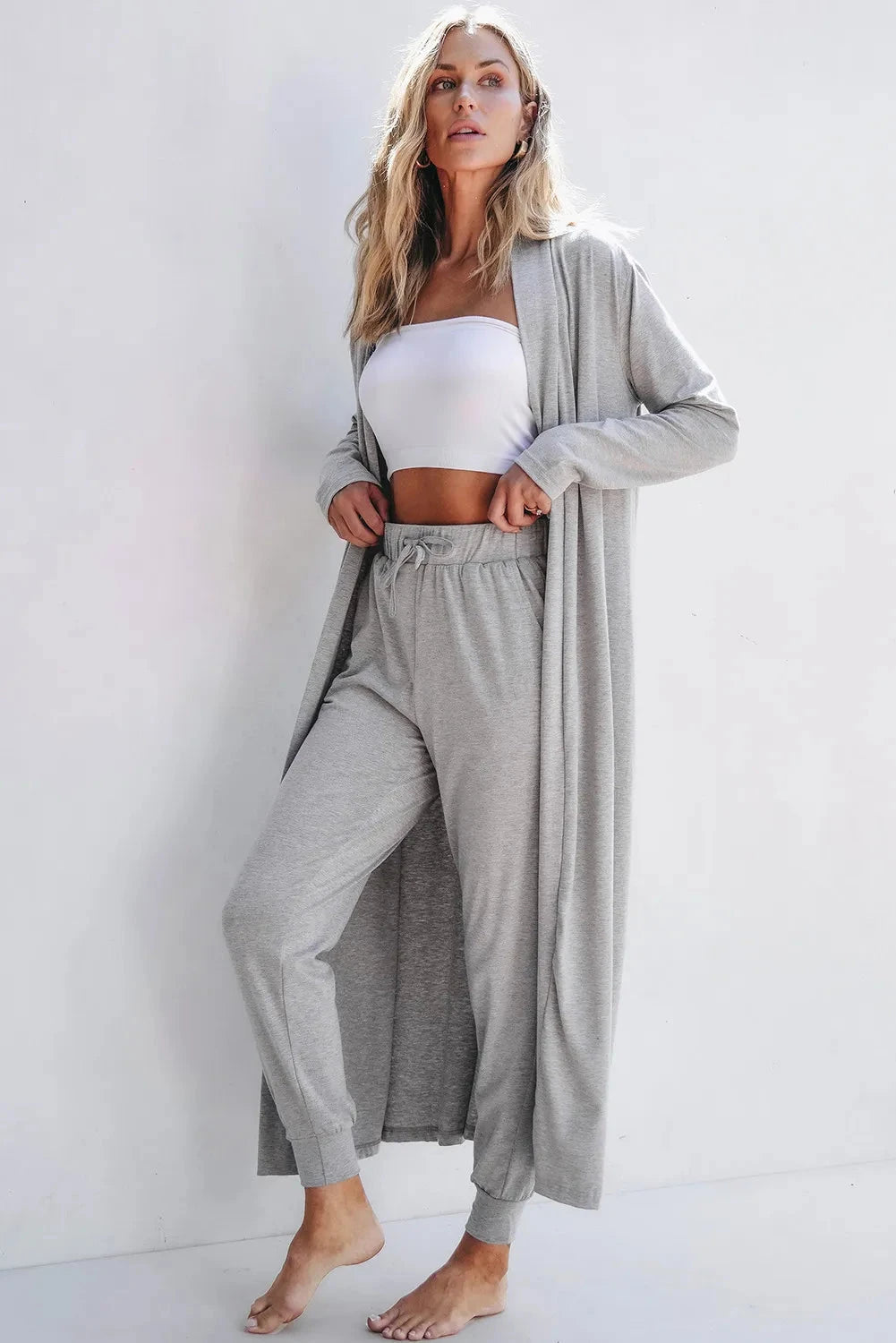 Open Front Long Sleeve Cardigan and Pants Lounge Set 