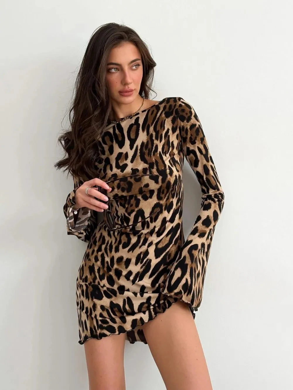 Leopard Backless Long Sleeve Mini Dress 