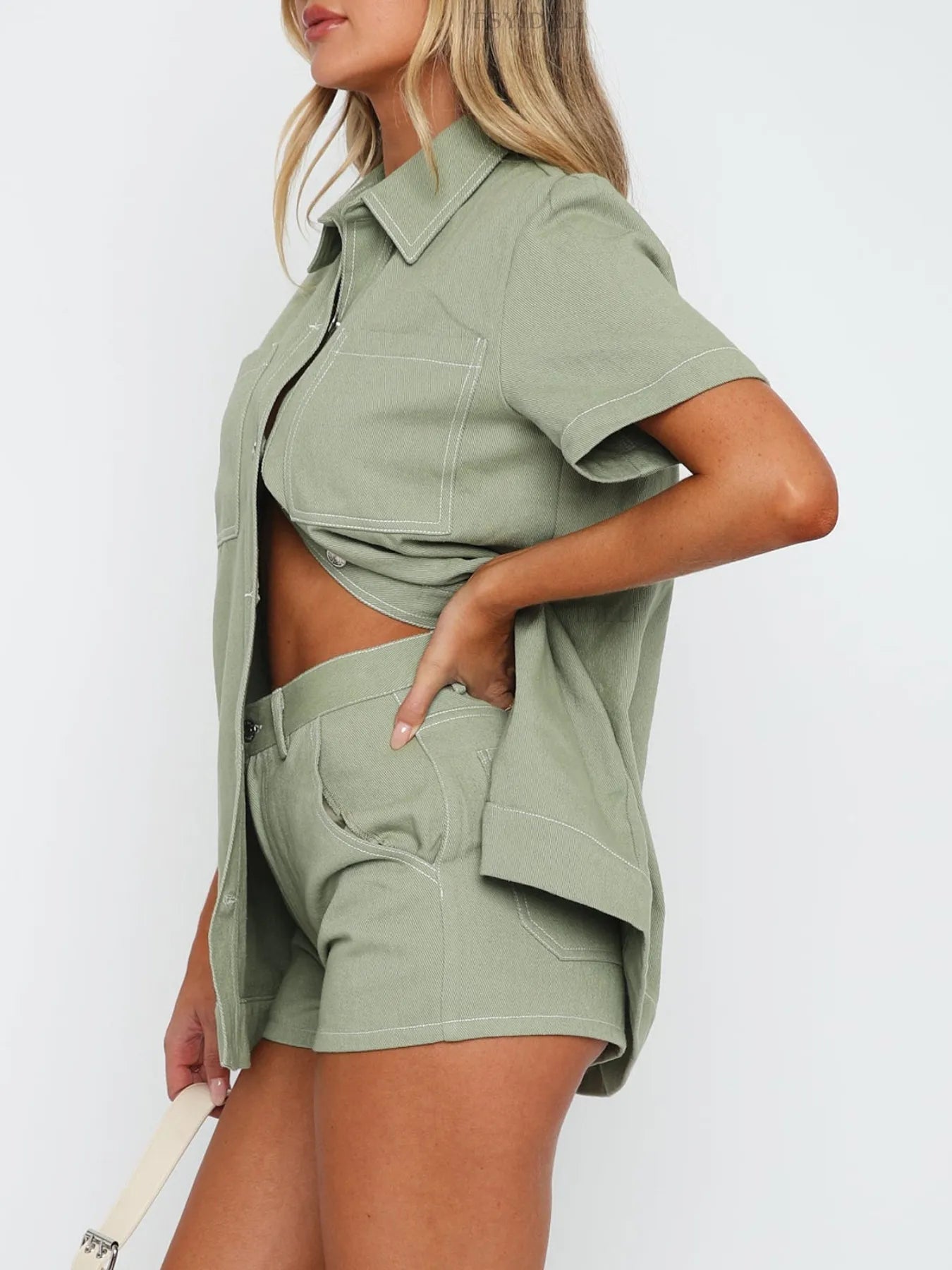 Button Up Short Sleeve Top and Shorts Denim Set Trendsi