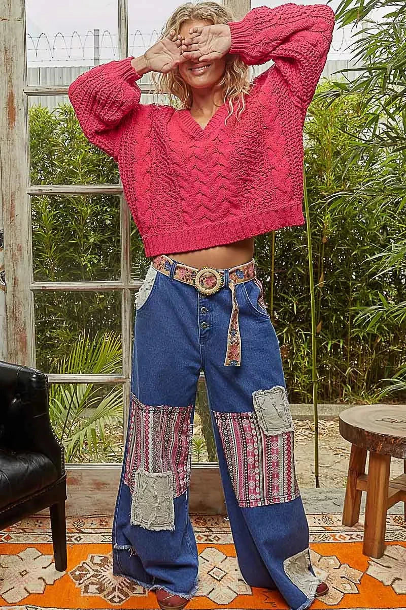 POL Cable-Knit Solid V-Neck Cropped Sweater 