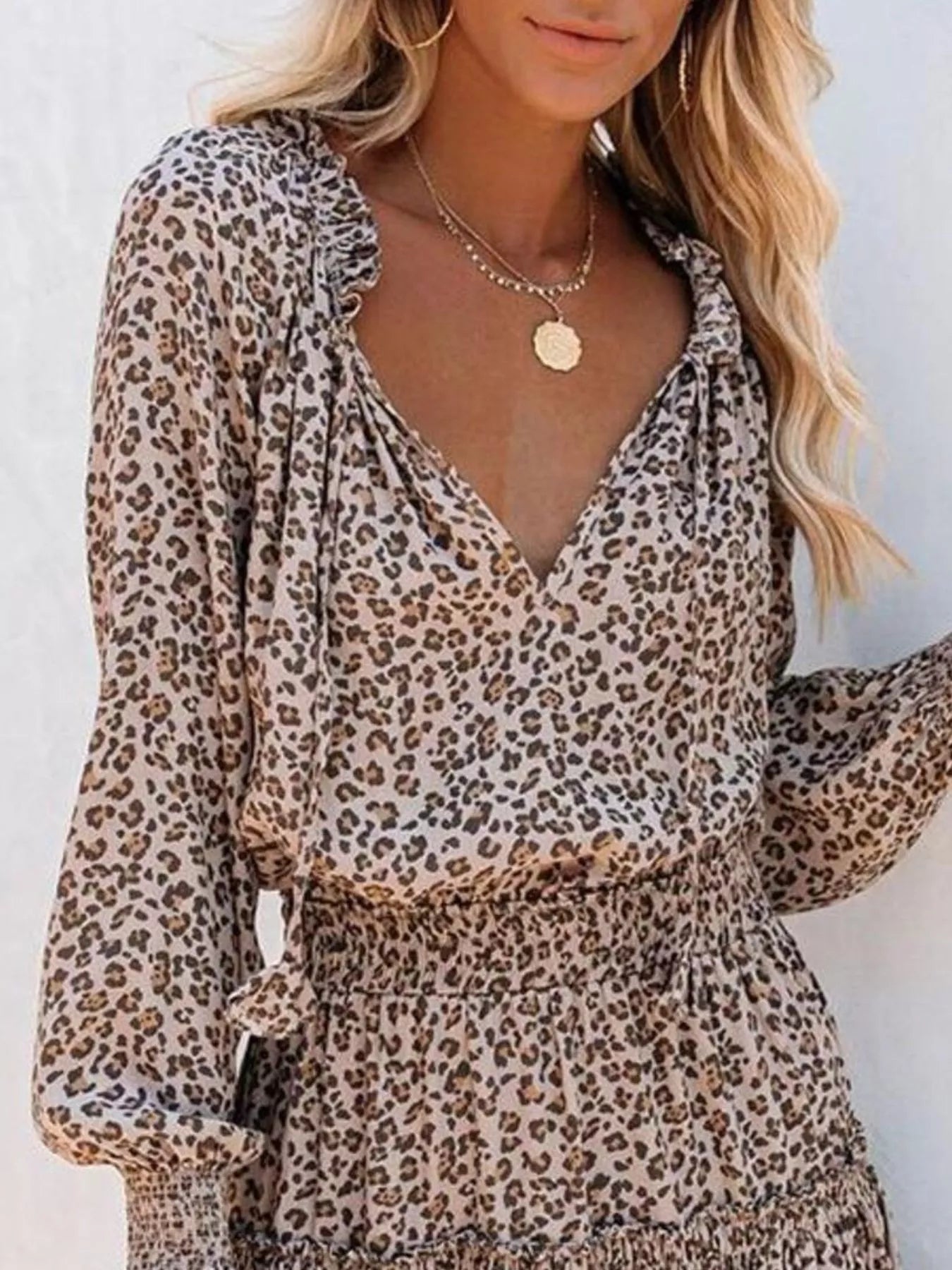 Tie Neck Lantern Sleeve Dress Trendsi
