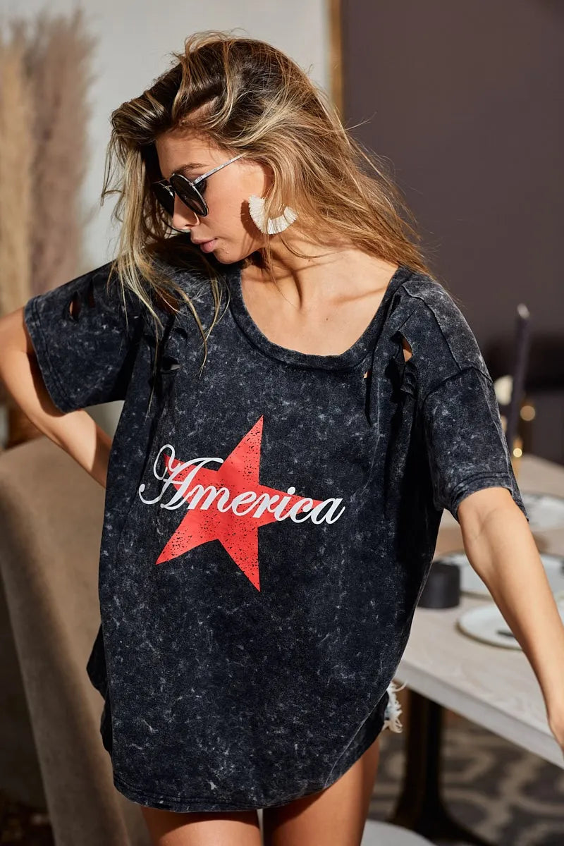 BiBi Laser Cut Mineral Washed Jersey Top with  America Trendsi