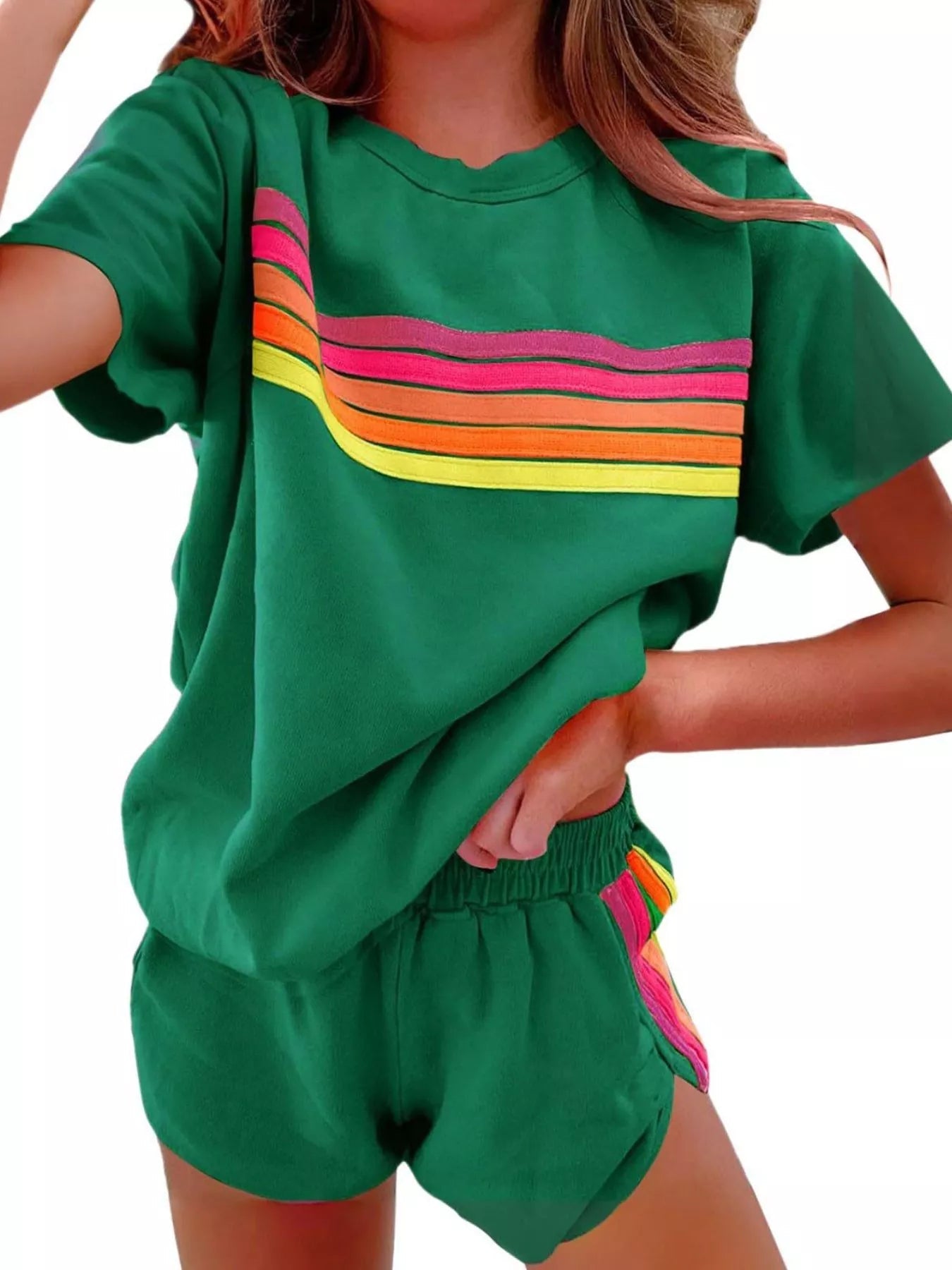 Rainbow Striped Round Neck Top and Shorts Set Trendsi