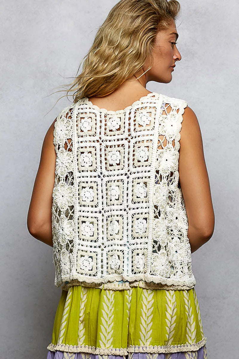 POL Tie Front Floral Pattern Crochet Vest with Scalloped Edge 