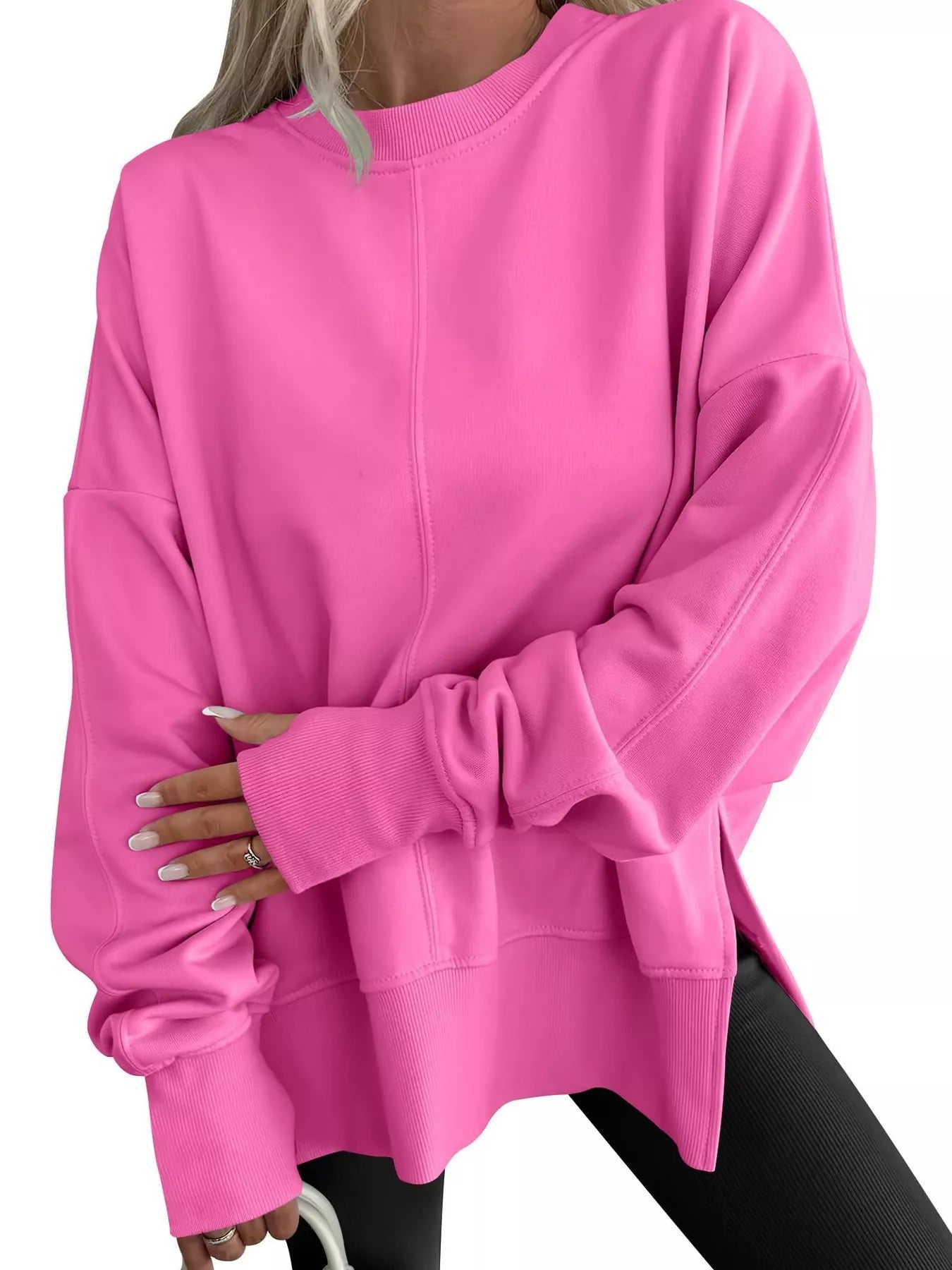 Side Slit Round Neck Long Sleeve Sweatshirt 