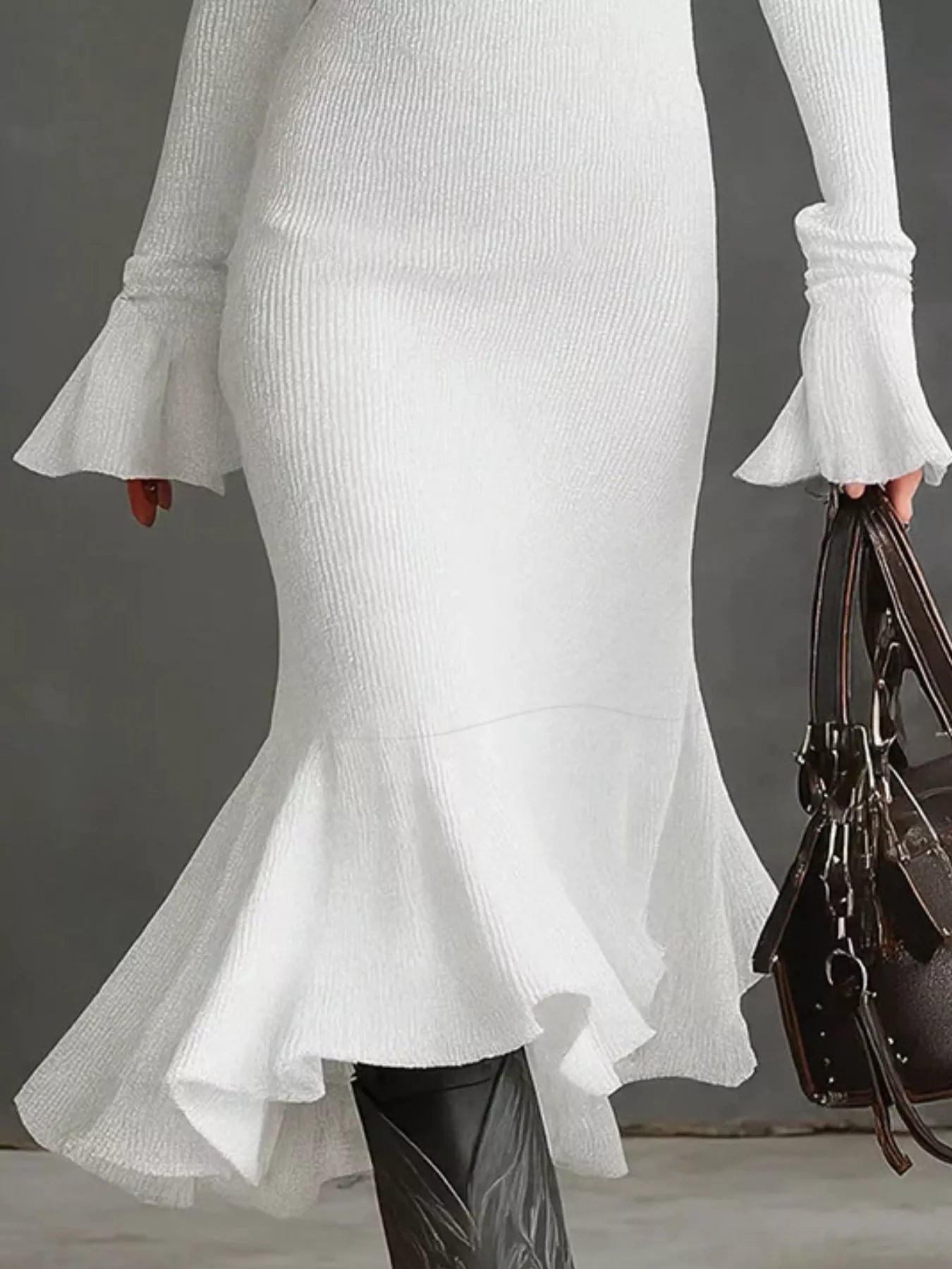 Ribbed Knit Zip Front Flare Hem Midi Dress 