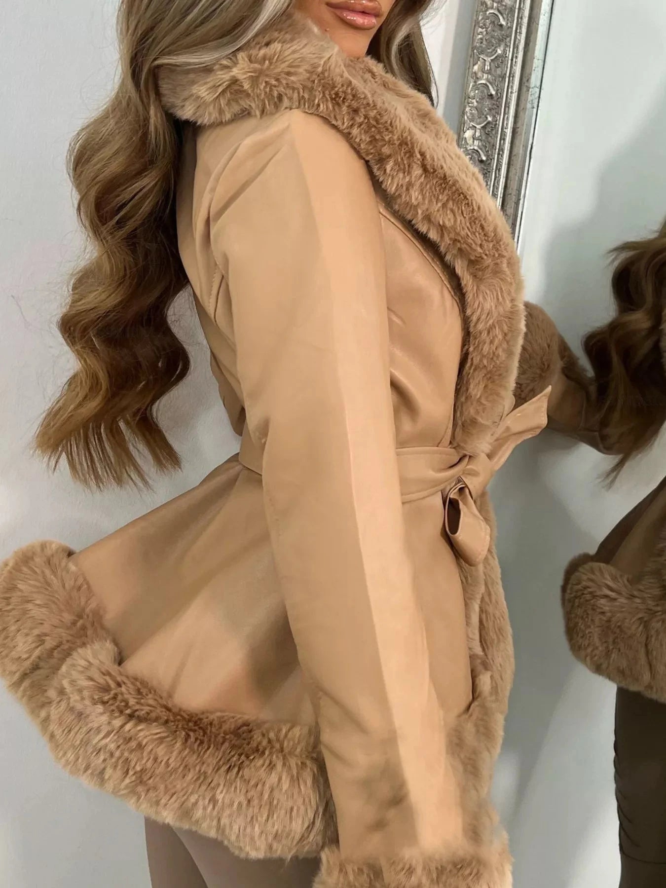 Faux Fur Trimmed Belted Outerwear 