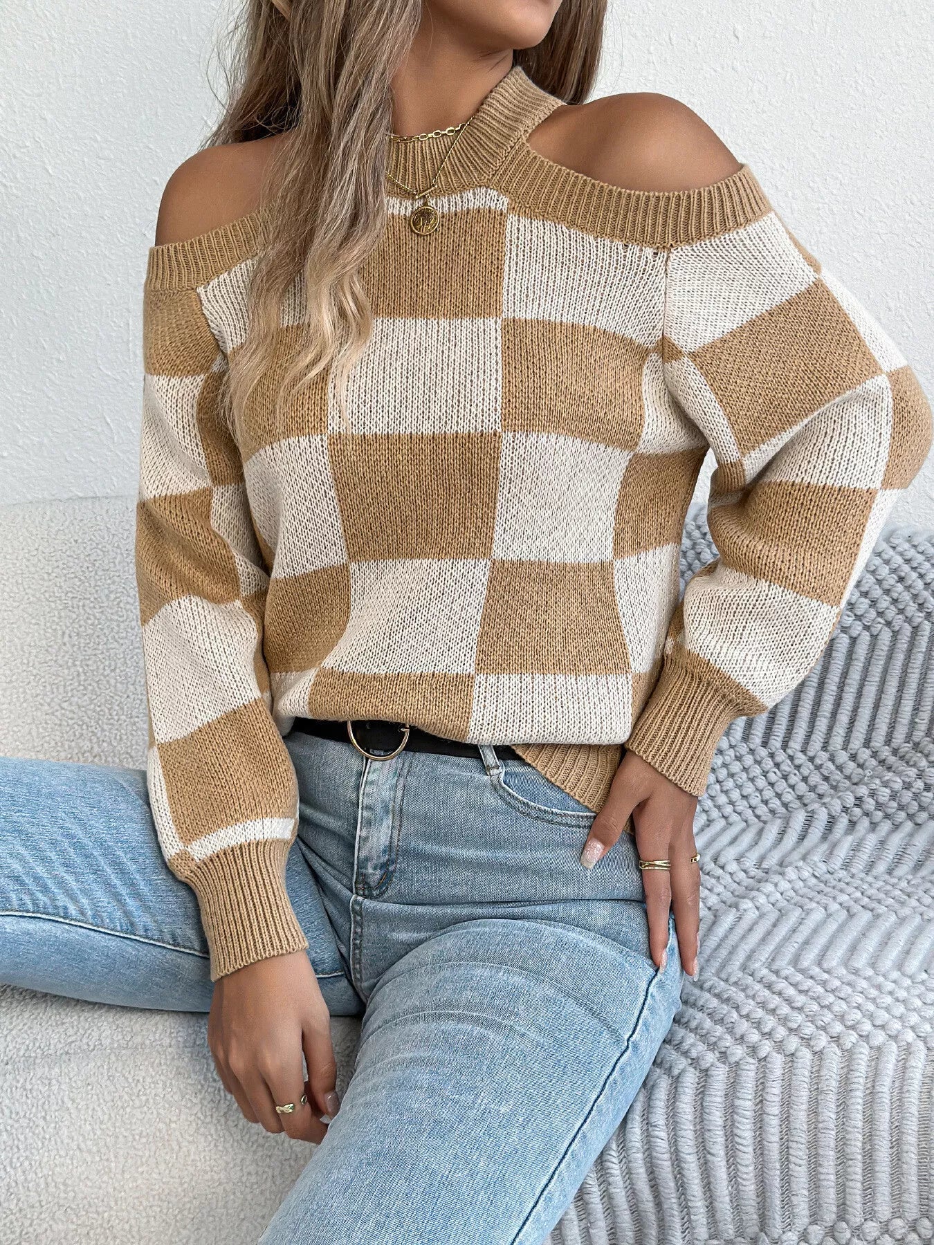 Cold Shoulder Checkered Long Sleeve Sweater 