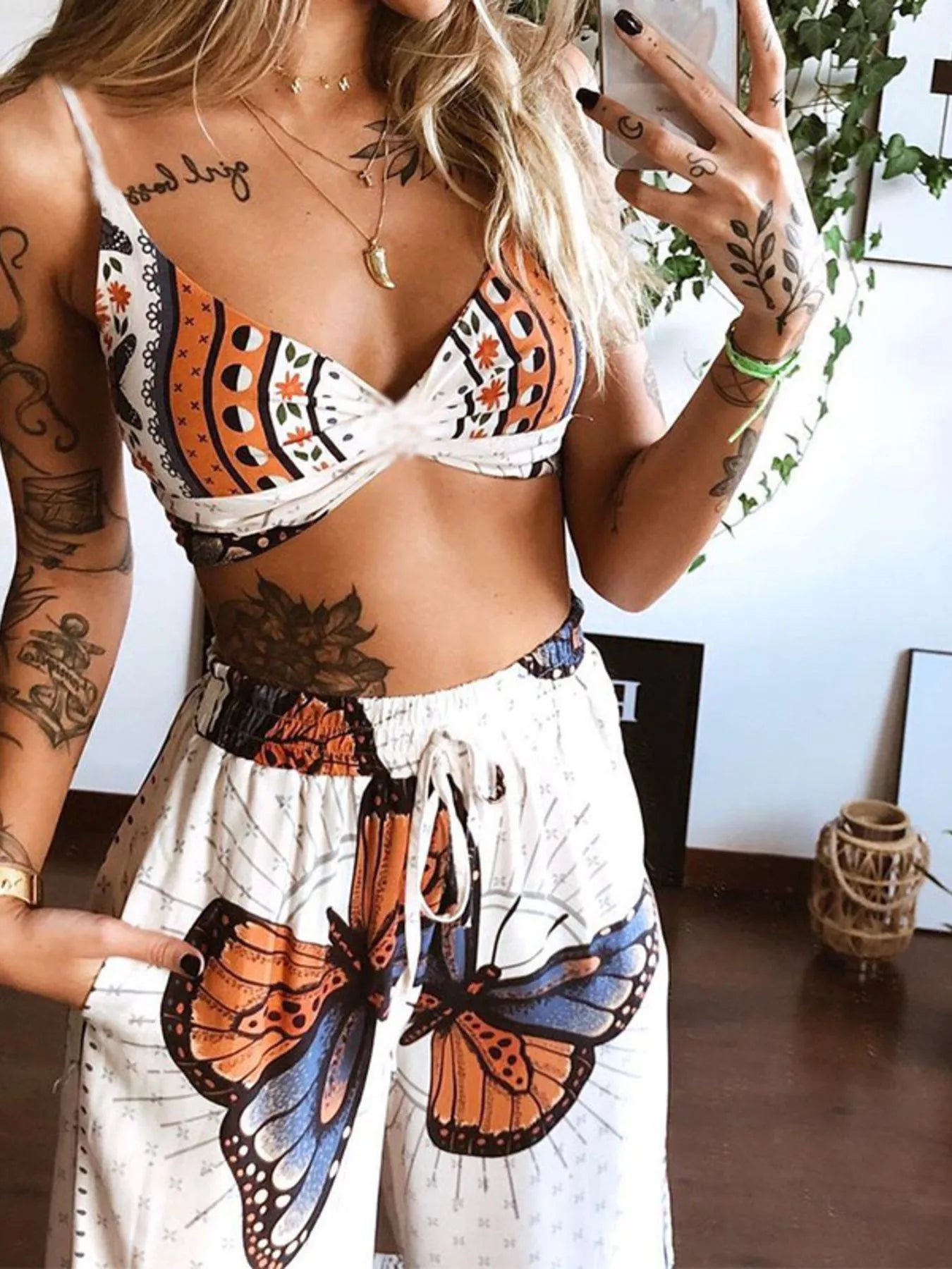 Boho Butterfly Print Top and Pants Set 