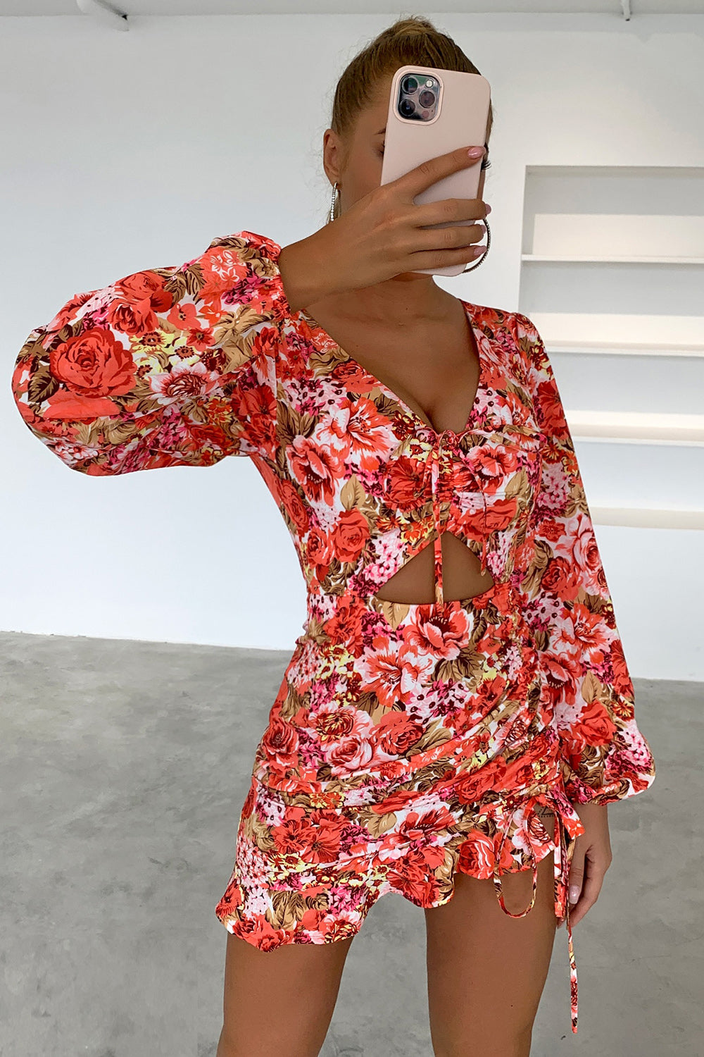 Floral Cutout Long Sleeve Mini Dress Trendsi