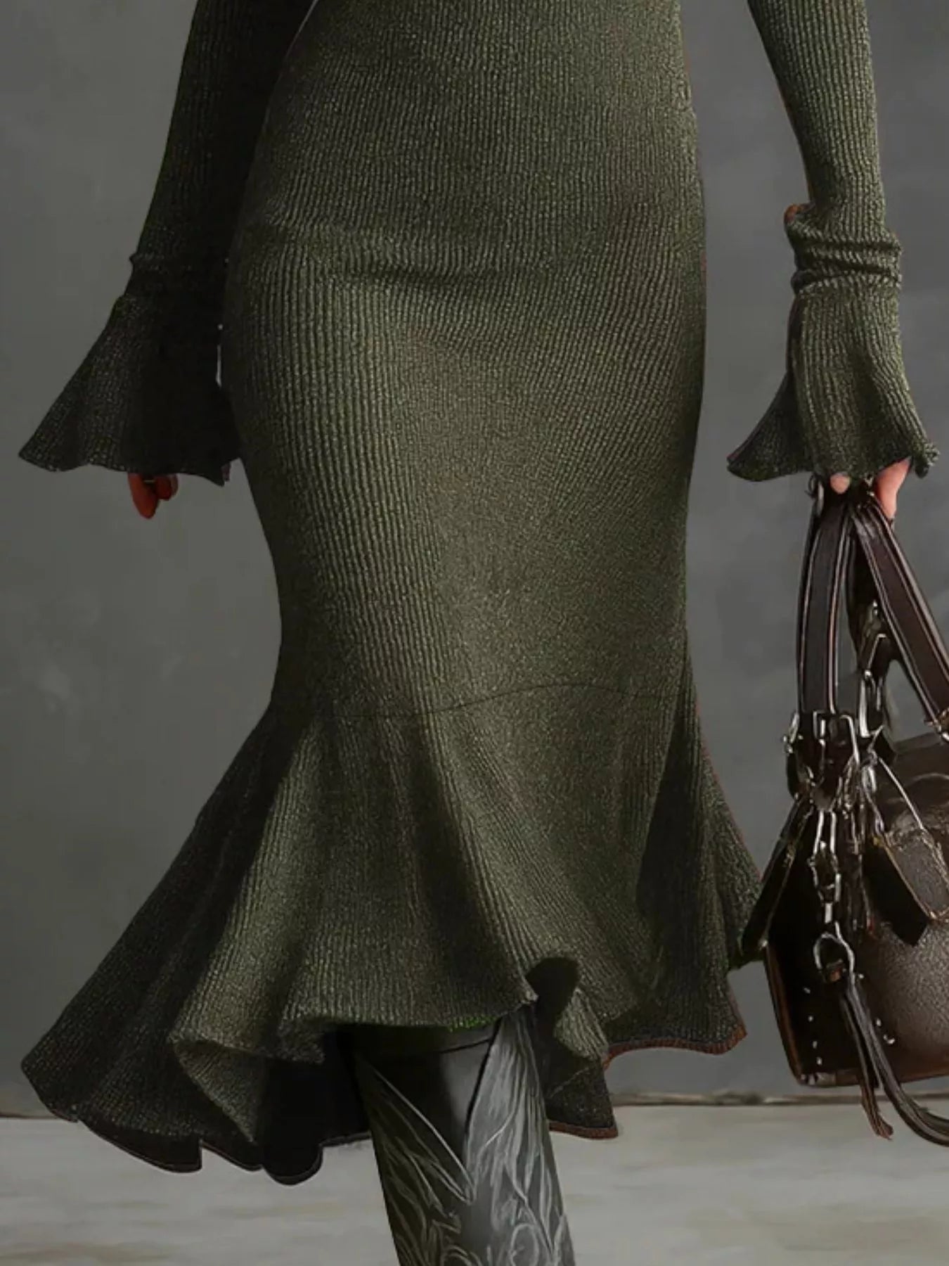 Ribbed Knit Zip Front Flare Hem Midi Dress 