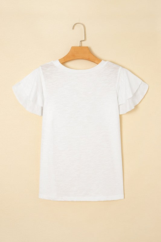 Solid Layered Ruffle Short Sleeve Round Neck Top JUNIPER BLVD