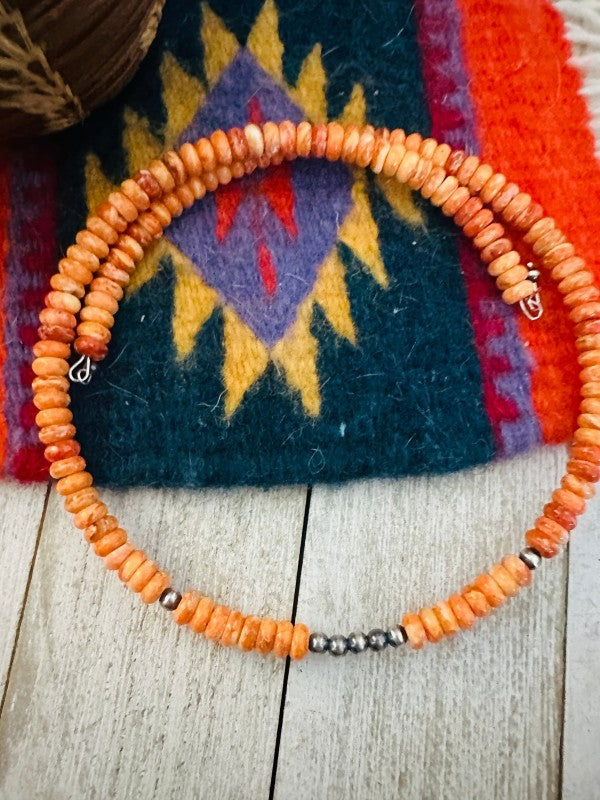 Navajo Orange Spiny & Sterling Silver Beaded Wrap 