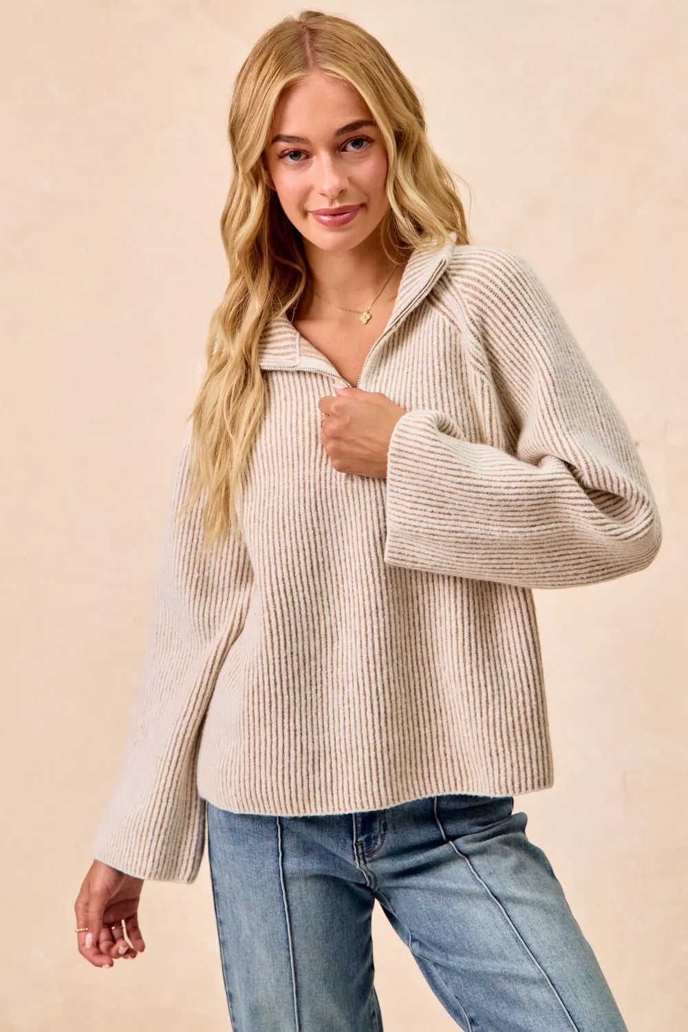 BiBi Two Tone Rib Texured Knit Collared Top with Zip Up Trendsi