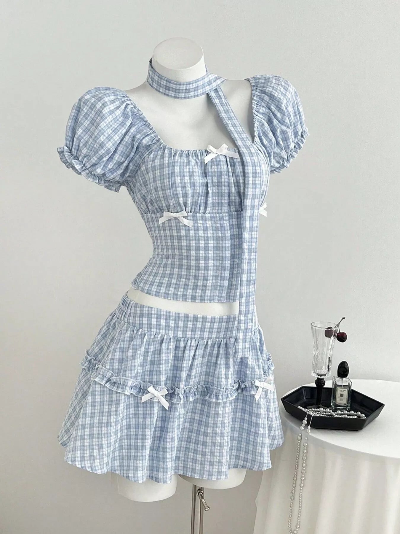 Plaid Puff Sleeve Blouse and Skirt Set Trendsi