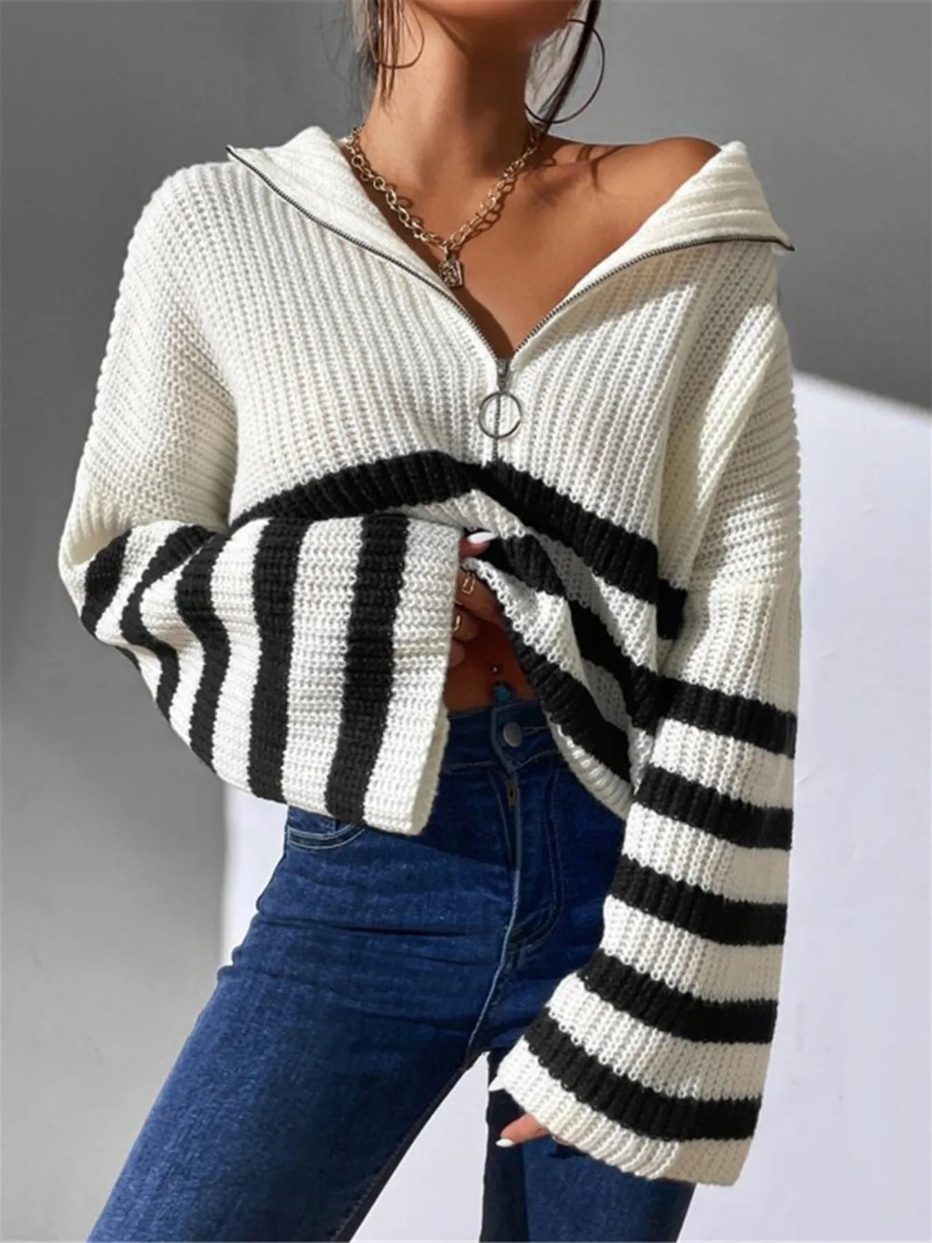Striped Half Zip Cropped Sweater 