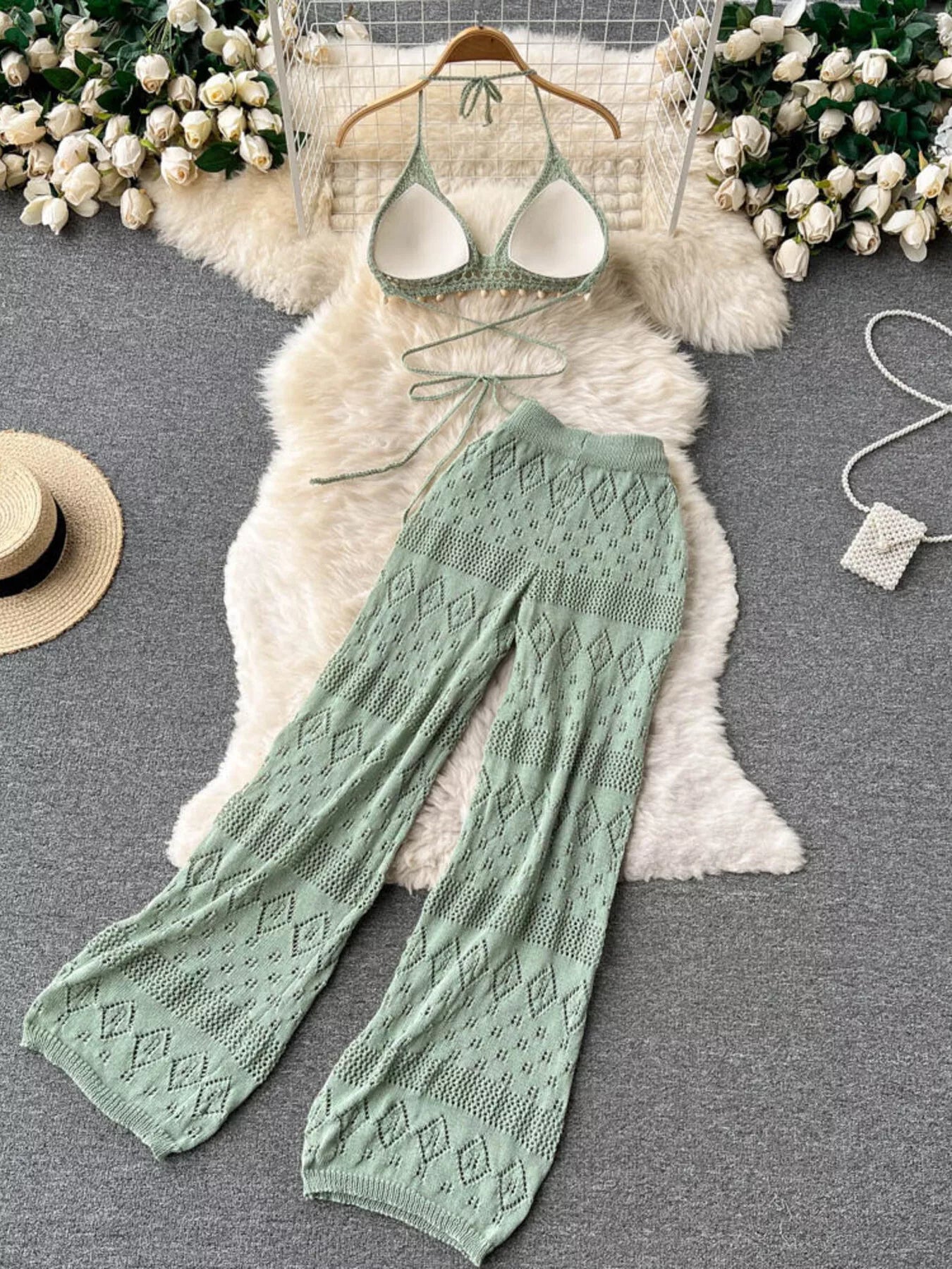 Crochet Knit Halter Neck Top and Wide Leg Pants Set 