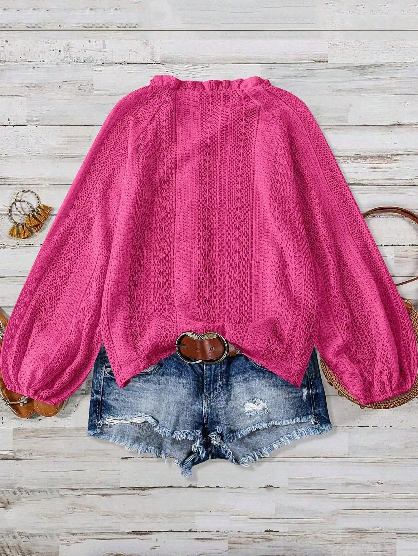 Lace Notched Long Sleeve Shirt 