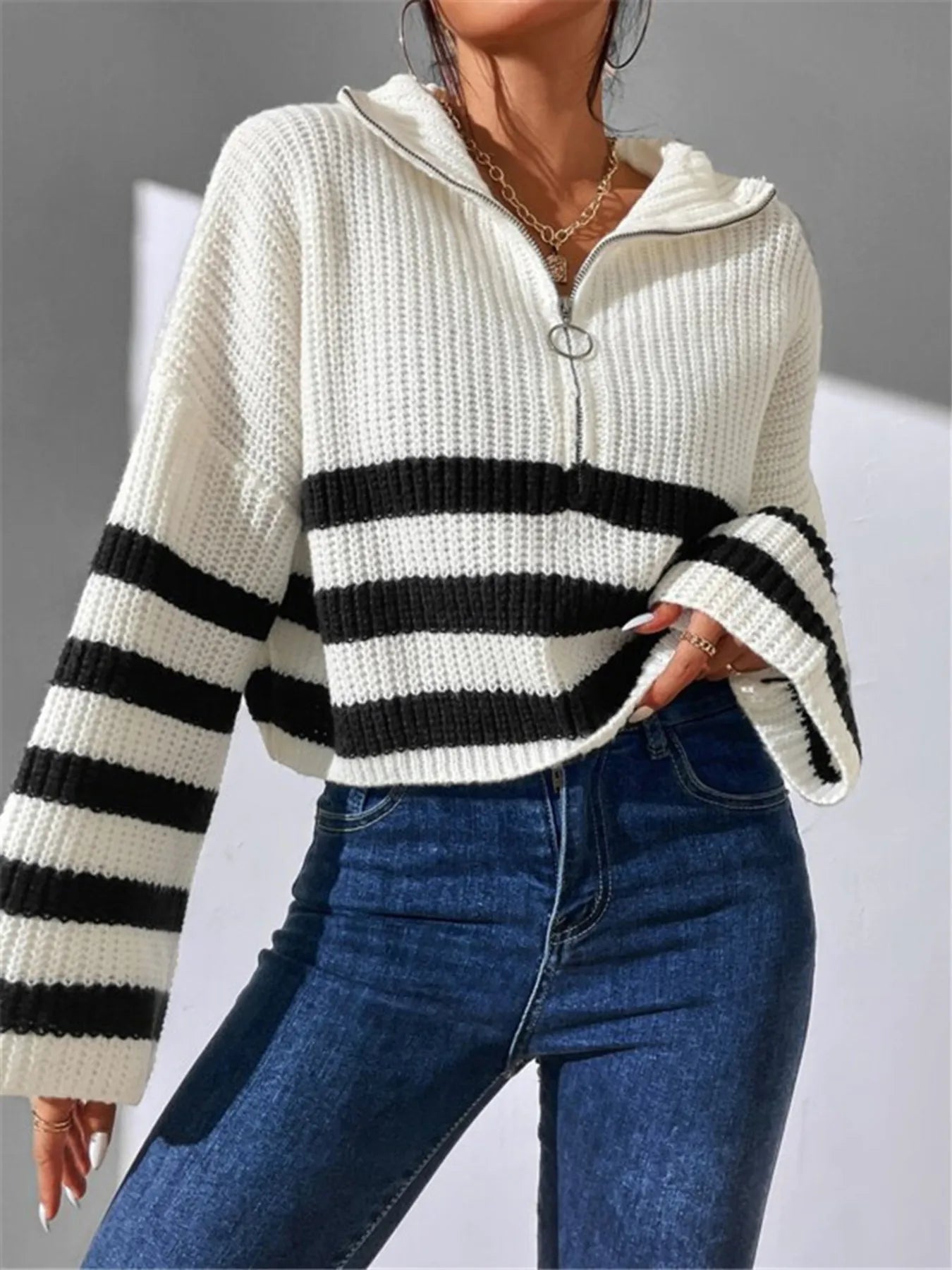 Striped Half Zip Cropped Sweater 