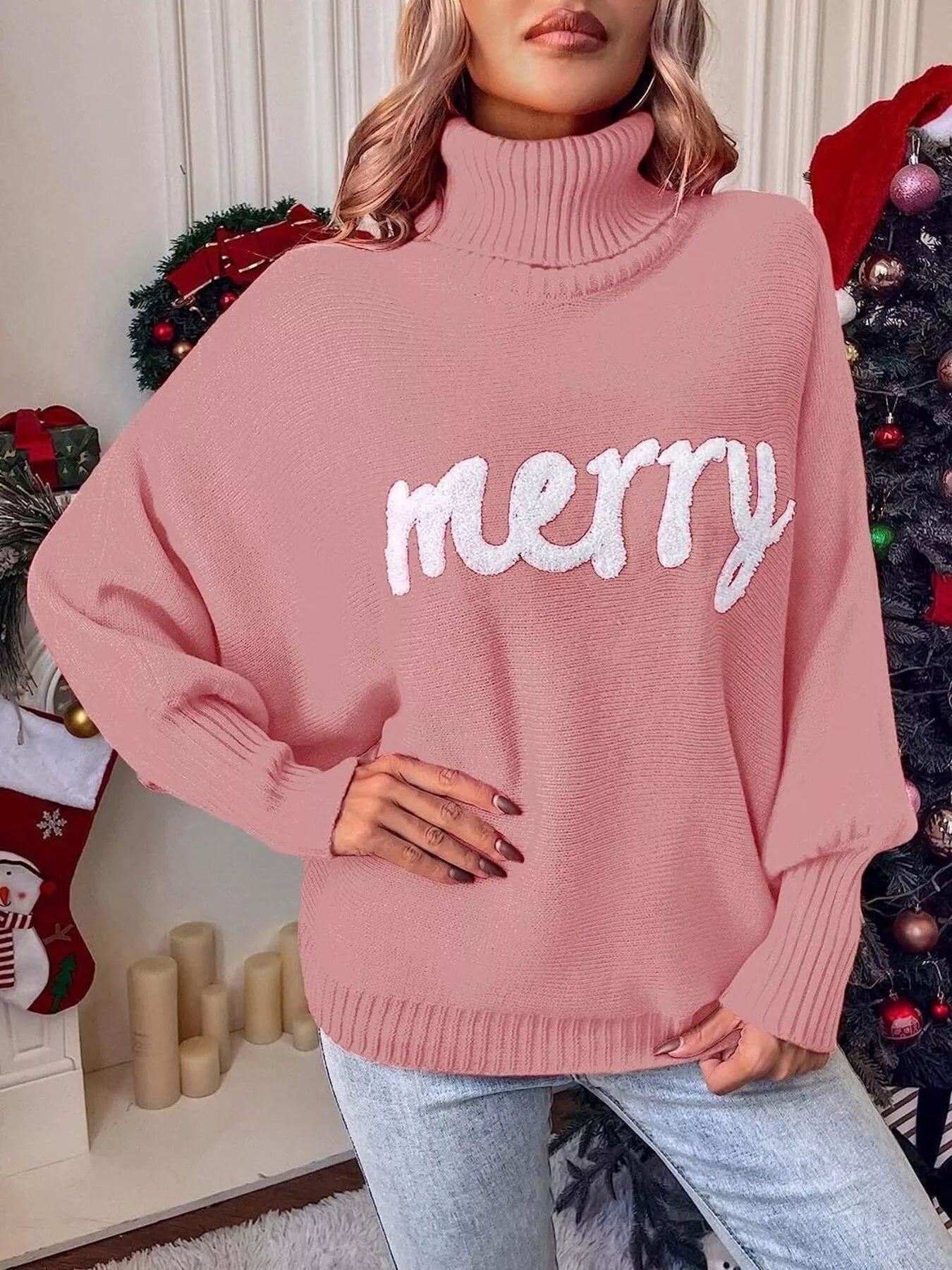 Merry Turtleneck Long Sleeve Christmas Sweater Trendsi