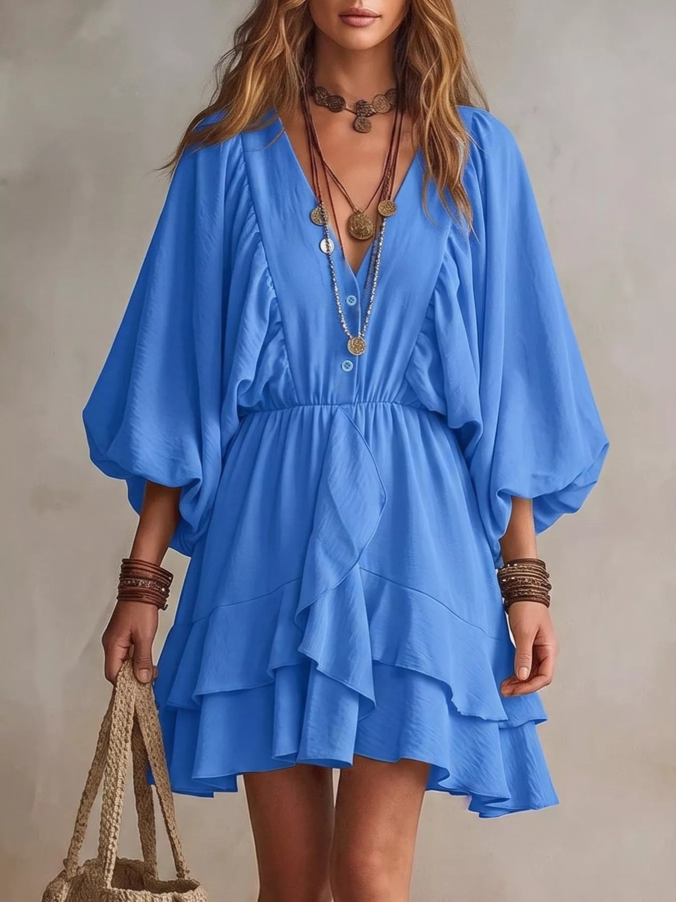 Ruffled Balloon Sleeve Mini Dress Trendsi