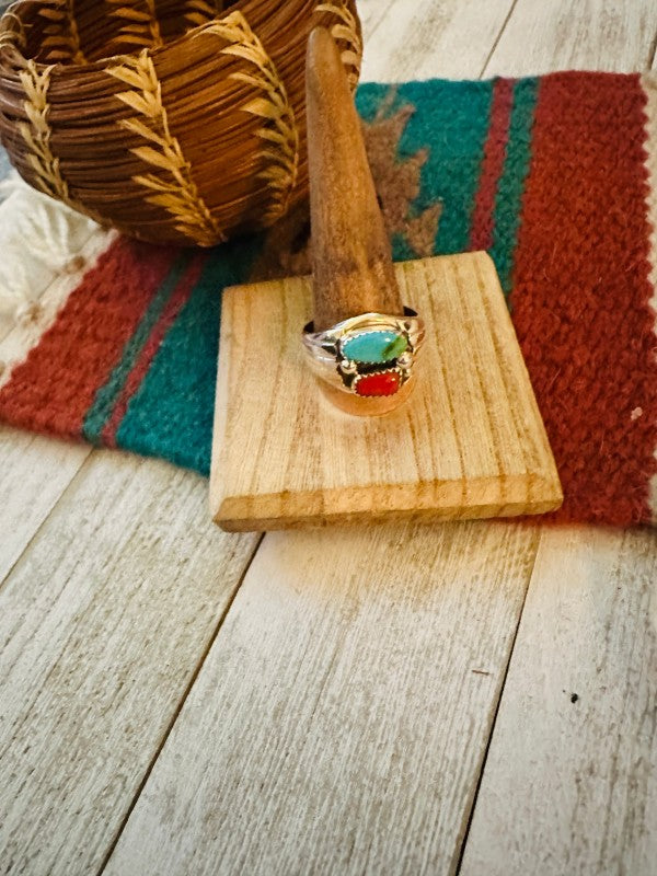 Navajo Turquoise, Coral & Sterling Silver Ring Siz 