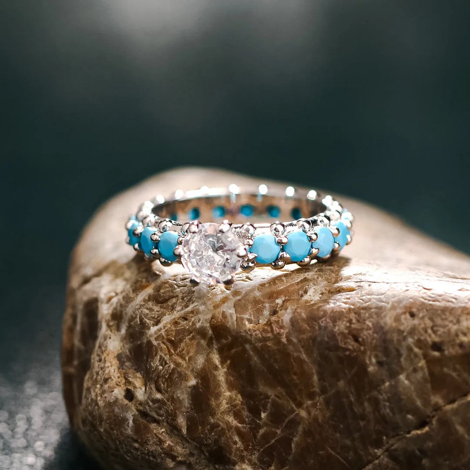 Inlaid Artificial Turquoise Zircon 925 Sterling Silver Ring Trendsi