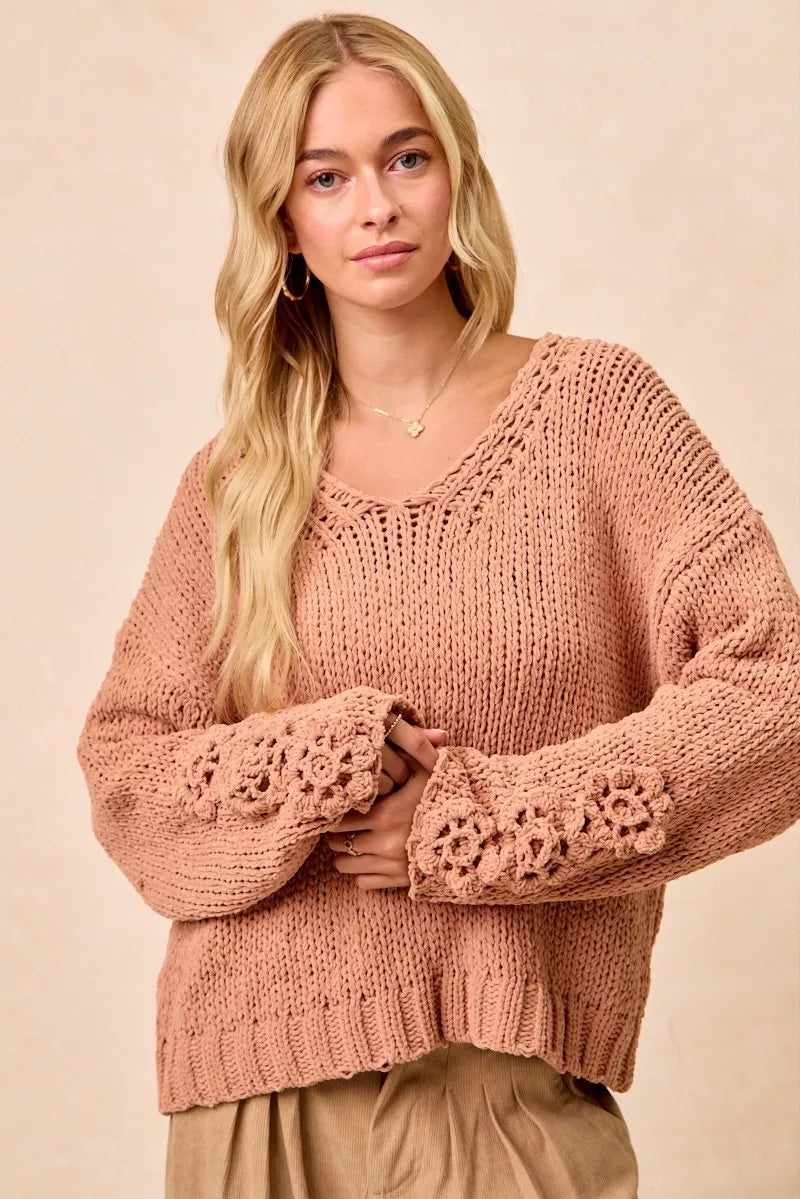 BiBi Chunky Knit Sweater with Flower Detail Sleeves Trendsi