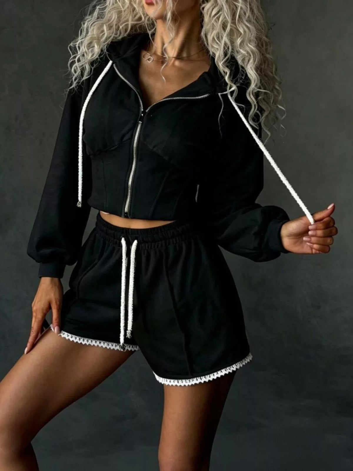 Drawstring Zip-Up Hoodie and Shorts Set 