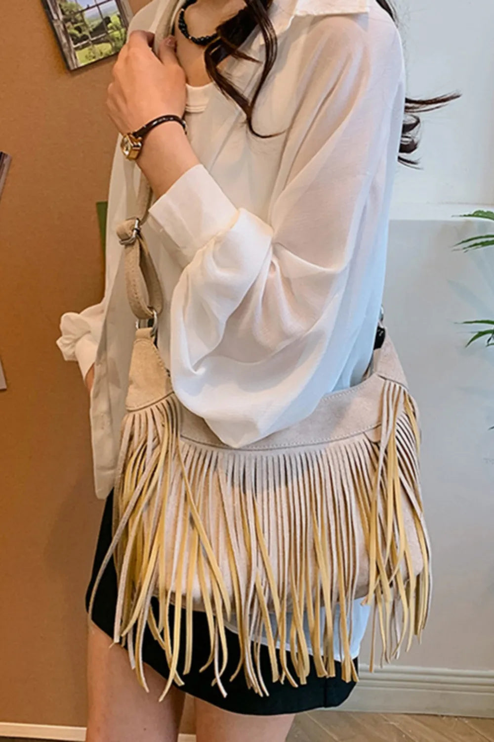 Suede Fringe Adjustable Strap Shoulder Bag 