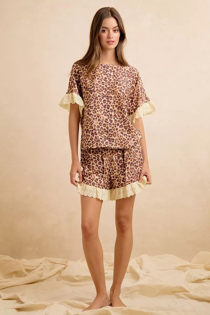 BiBi Leopard and Eyelet Lace Ruffled Top and Shorts Set Trendsi