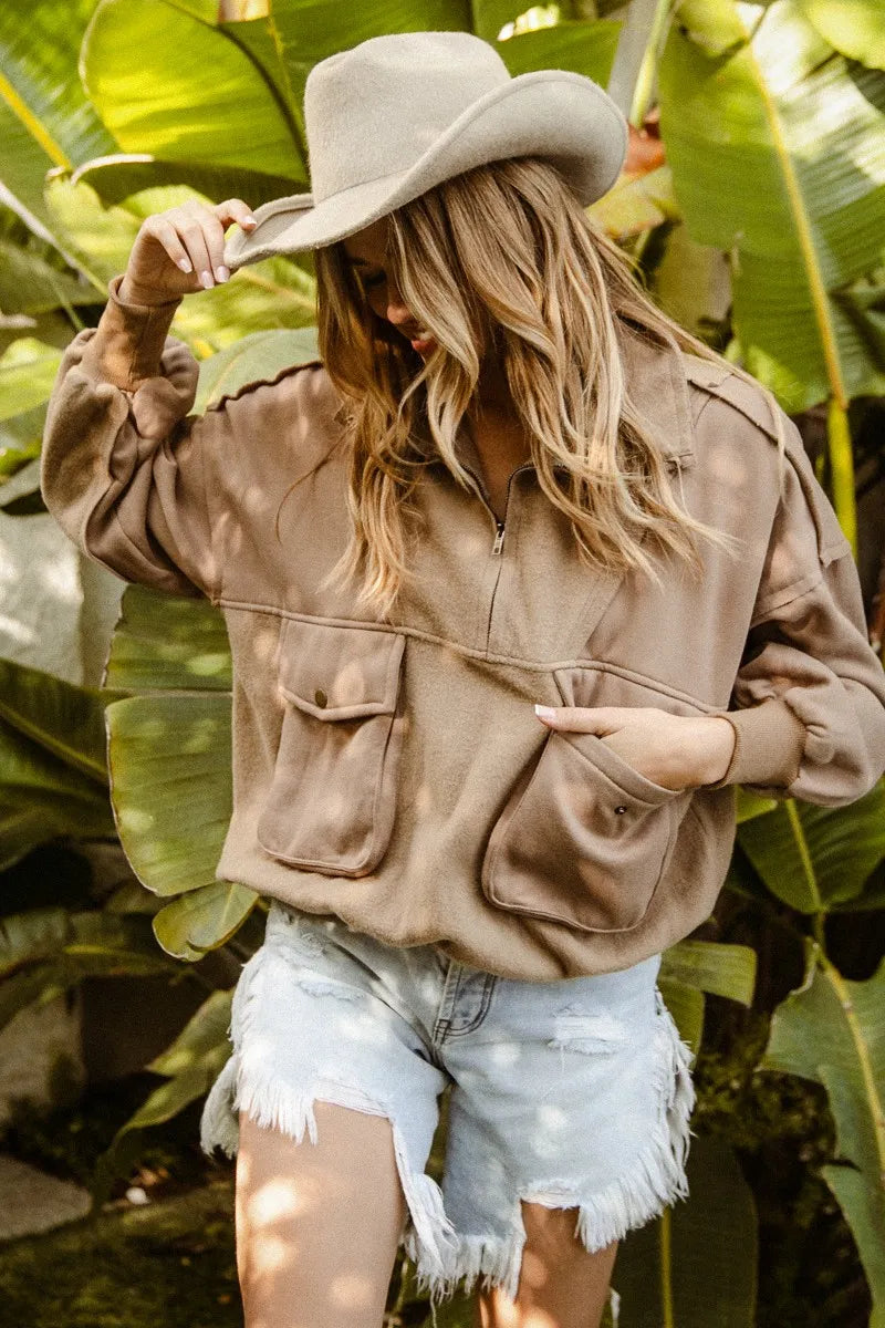 BiBi Half Zip Vintage Washed Fleece Pullover Trendsi