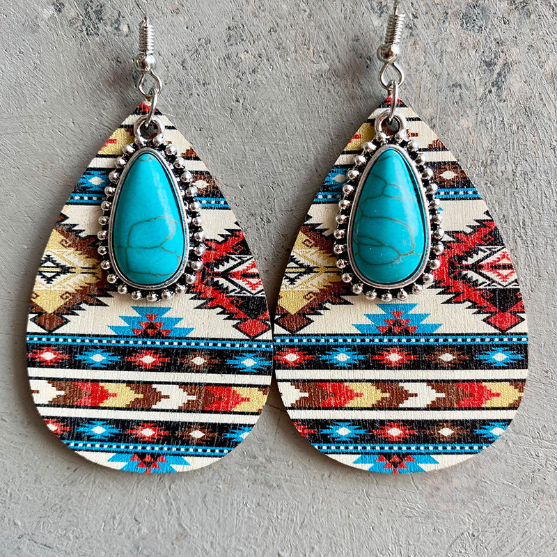 Turquoise Teardrop Shape Wooden Dangle Earrings Trendsi