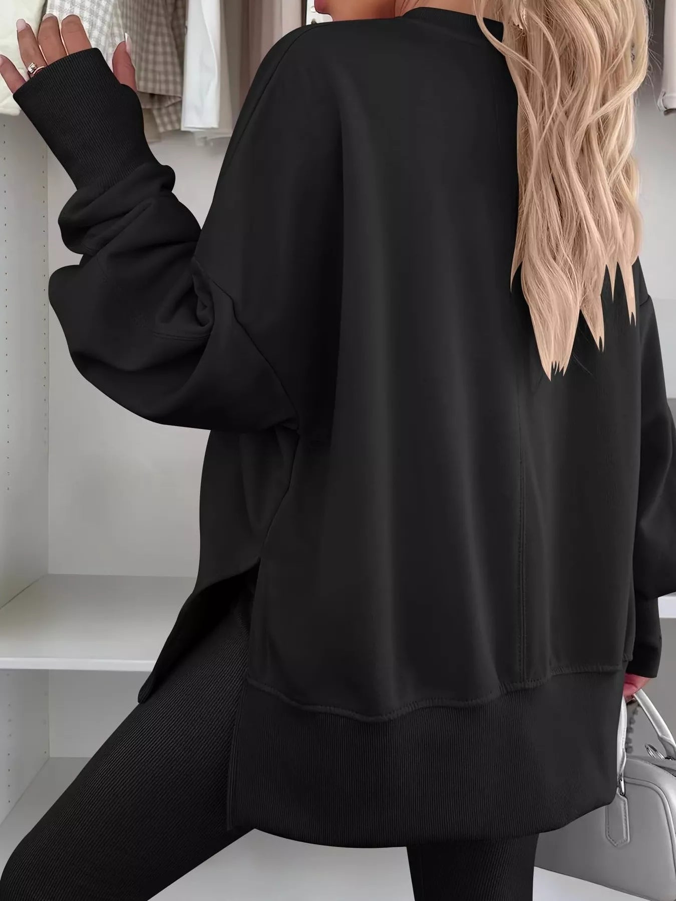 Side Slit Round Neck Long Sleeve Sweatshirt 