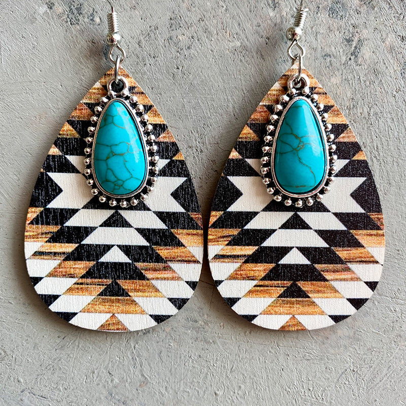 Turquoise Teardrop Shape Wooden Dangle Earrings Trendsi