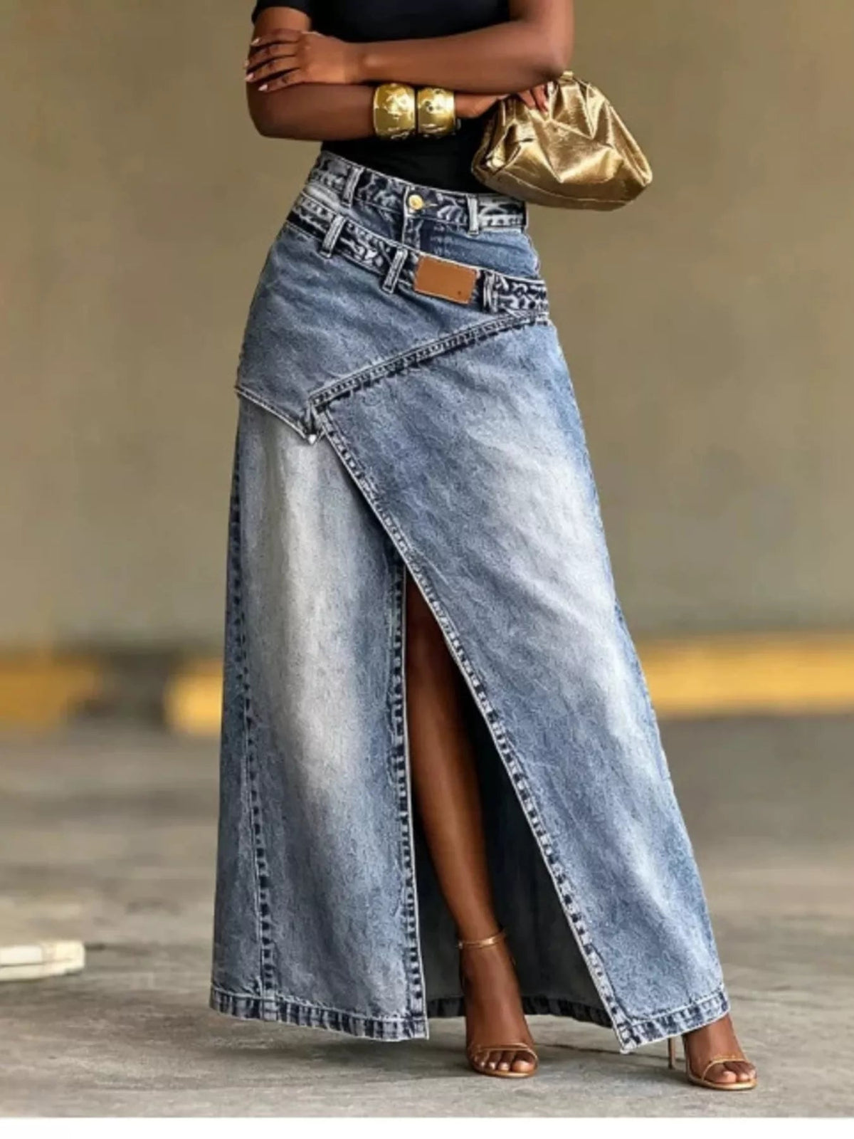 High-Waisted Asymmetric Slit Denim Maxi Skirt Trendsi