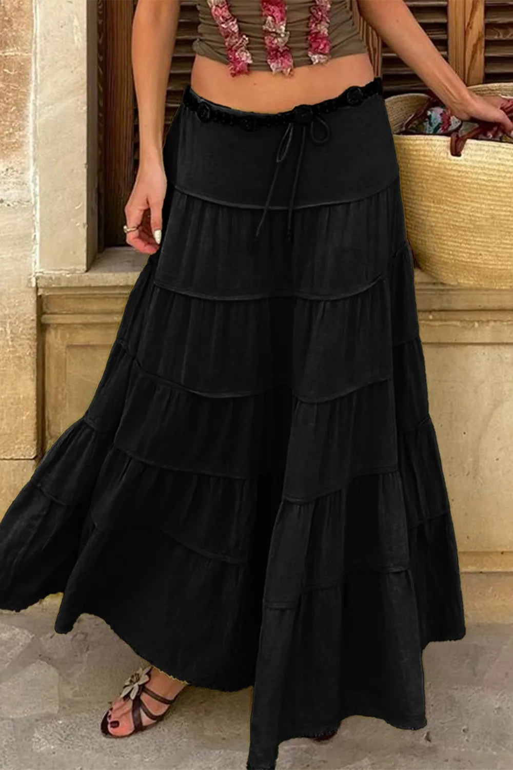 Bohemian Tiered Maxi Skirt with Drawstring Waist 
