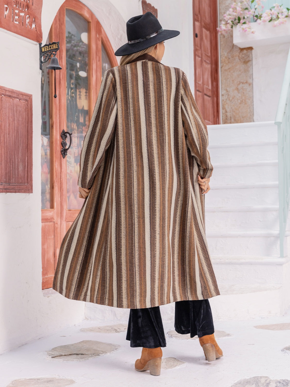 Striped Open Front Long Sleeve Outerwear Trendsi